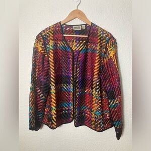 Chicos Design size 2 100% silk woven jacket blouse over coat open cardigan